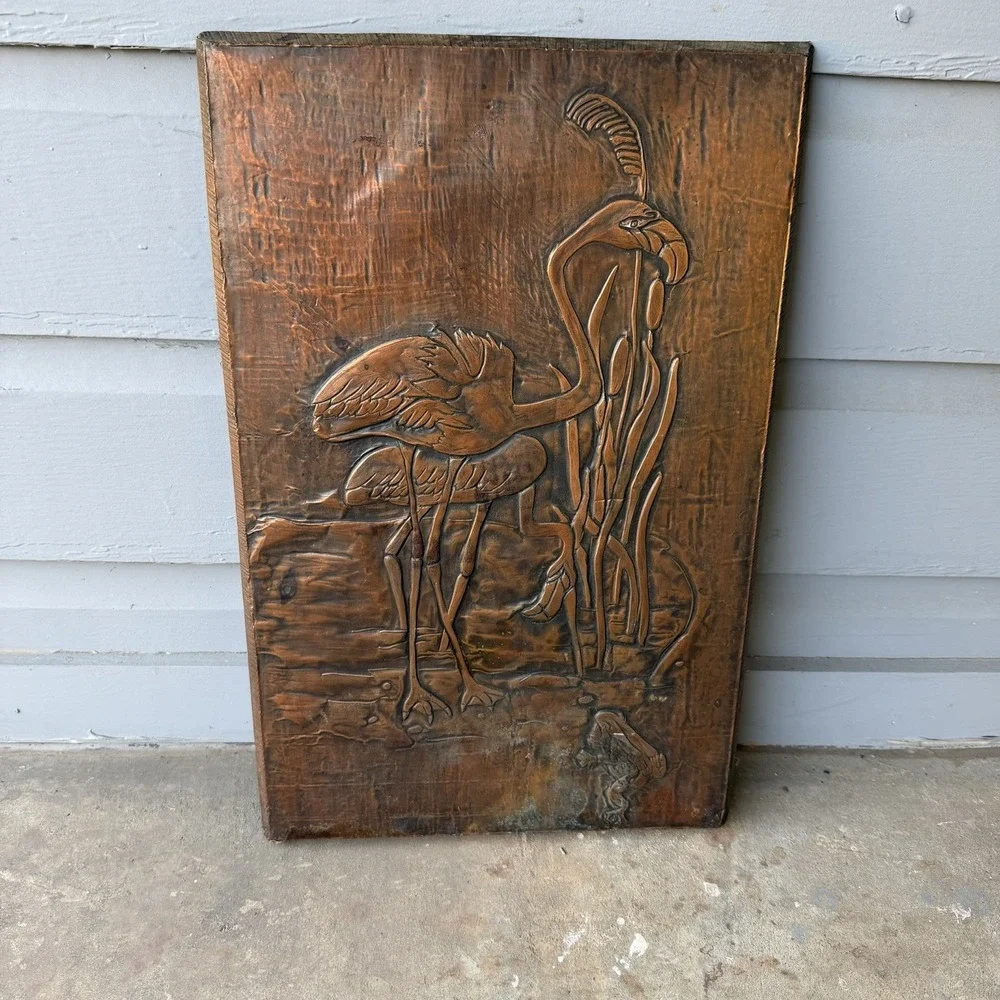 Vintage MCM Copper Relief Wall Art Plaque Embossed Flamingo Heron Bird In Marsh